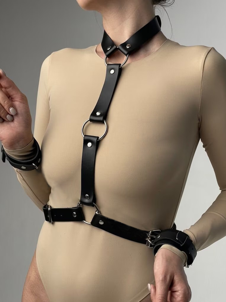 Garter Belt Set - Kadın Seksi Deri Kemer Seti Kelepçeli